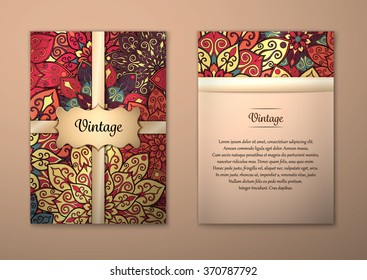 Vintage cards with Floral mandala pattern and ornaments. Vector Flyer oriental design Layout template, size A5. Islam, Arabic, Indian, ottoman motifs. Front page and back page. Easy to use and edit.