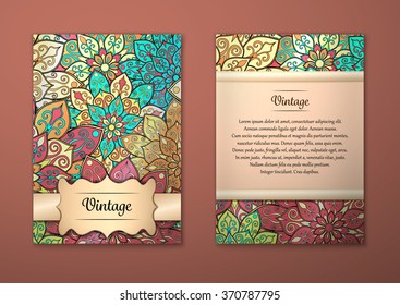 Vintage cards with Floral mandala pattern and ornaments. Vector Flyer oriental design Layout template, size A5. Islam, Arabic, Indian, ottoman motifs. Front page and back page. Easy to use and edit.