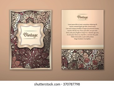 Vintage cards with Floral mandala pattern and ornaments. Vector Flyer oriental design Layout template, size A5. Islam, Arabic, Indian, ottoman motifs. Front page and back page. Easy to use and edit.