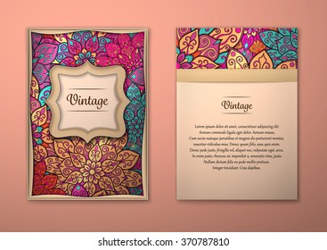 Vintage cards with Floral mandala pattern and ornaments. Vector Flyer oriental design Layout template, size A5. Islam, Arabic, Indian, ottoman motifs. Front page and back page. Easy to use and edit.