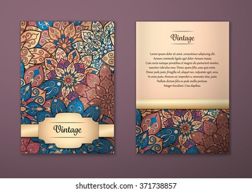 Vintage cards with Floral mandala pattern and ornaments. Vector Flyer oriental design Layout template, size A5. Islam, Arabic, Indian, ottoman motifs. Front page and back page. Easy to use and edit.