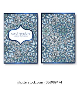 Vintage cards with Floral mandala pattern and ornaments. Vector Flyer oriental design  Islam, Arabic, Indian, ottoman motifs. Front page and back page.