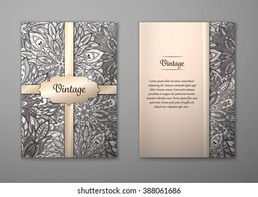 Vintage cards with Floral mandala pattern and ornaments. Vector Flyer oriental design Layout template, size A5. Islam, Arabic, Indian, ottoman motifs. Front page and back page. Easy to use and edit.