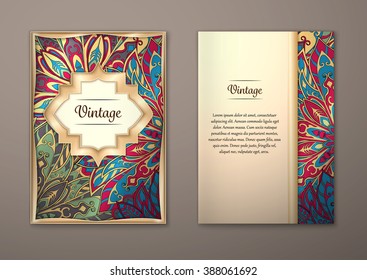 Vintage cards with Floral mandala pattern and ornaments. Vector Flyer oriental design Layout template, size A5. Islam, Arabic, Indian, ottoman motifs. Front page and back page. Easy to use and edit.