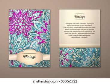 Vintage cards with Floral mandala pattern and ornaments. Vector Flyer oriental design Layout template, size A5. Islam, Arabic, Indian, ottoman motifs. Front page and back page. Easy to use and edit.