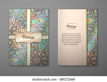 Vintage cards with Floral mandala pattern and ornaments. Vector Flyer oriental design Layout template, size A5. Islam, Arabic, Indian, ottoman motifs. Front page and back page. Easy to use and edit.