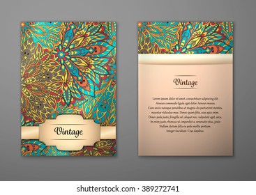 Vintage cards with Floral mandala pattern and ornaments. Vector Flyer oriental design Layout template, size A5. Islam, Arabic, Indian, ottoman motifs. Front page and back page. Easy to use and edit.