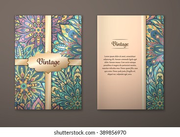 Vintage cards with Floral mandala pattern and ornaments. Vector Flyer oriental design Layout template, size A5. Islam, Arabic, Indian, ottoman motifs. Front page and back page. Easy to use and edit.