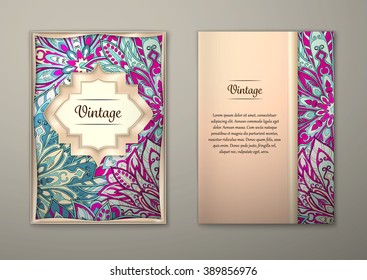 Vintage cards with Floral mandala pattern and ornaments. Vector Flyer oriental design Layout template, size A5. Islam, Arabic, Indian, ottoman motifs. Front page and back page. Easy to use and edit.