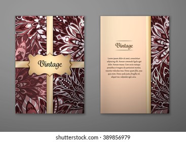 Vintage cards with Floral mandala pattern and ornaments. Vector Flyer oriental design Layout template, size A5. Islam, Arabic, Indian, ottoman motifs. Front page and back page. Easy to use and edit.