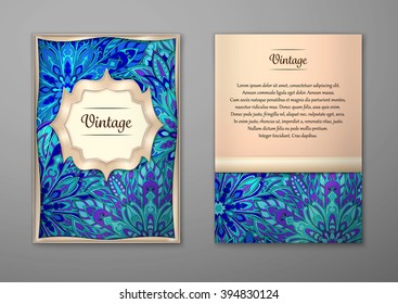 Vintage cards with Floral mandala pattern and ornaments. Vector Flyer oriental design Layout template, size A5. Islam, Arabic, Indian, ottoman motifs. Front page and back page. Easy to use and edit.