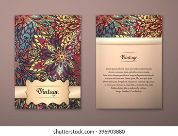 Vintage cards with Floral mandala pattern and ornaments. Vector Flyer oriental design Layout template, size A5. Islam, Arabic, Indian, ottoman motifs. Front page and back page. Easy to use and edit.