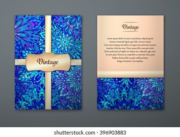 Vintage cards with Floral mandala pattern and ornaments. Vector Flyer oriental design Layout template, size A5. Islam, Arabic, Indian, ottoman motifs. Front page and back page. Easy to use and edit.
