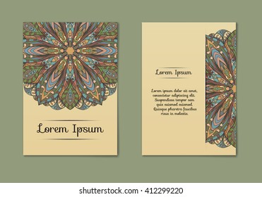 Vintage cards with Floral mandala pattern and ornaments. Vector Flyer oriental design Layout template, size A5. Islam, Arabic, Indian, ottoman motifs. Front page and back page. Easy to use and edit.