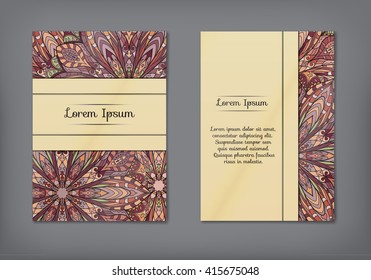 Vintage cards with Floral mandala pattern and ornaments. Vector Flyer oriental design Layout template, size A5. Islam, Arabic, Indian, ottoman motifs. Front page and back page. Easy to use and edit.
