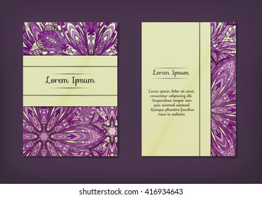 Vintage cards with Floral mandala pattern and ornaments. Vector Flyer oriental design Layout template, size A5. Islam, Arabic, Indian, ottoman motifs. Front page and back page. Easy to use and edit.