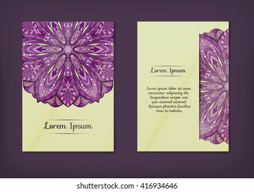 Vintage cards with Floral mandala pattern and ornaments. Vector Flyer oriental design Layout template, size A5. Islam, Arabic, Indian, ottoman motifs. Front page and back page. Easy to use and edit.
