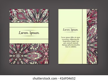 Vintage cards with Floral mandala pattern and ornaments. Vector Flyer oriental design Layout template, size A5. Islam, Arabic, Indian, ottoman motifs. Front page and back page. Easy to use and edit.