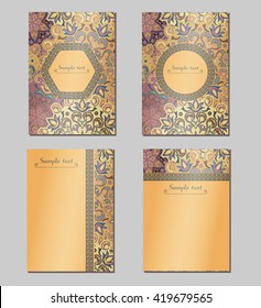 Vintage cards with Floral mandala pattern and ornaments. Vector Flyer oriental design Layout template. Islam, Arabic, Indian, ottoman motifs. 