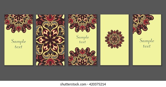 Vintage cards with Floral mandala pattern and ornaments. Vector Flyer oriental design Layout template. Islam, Arabic, Indian, Mexican ottoman motifs.