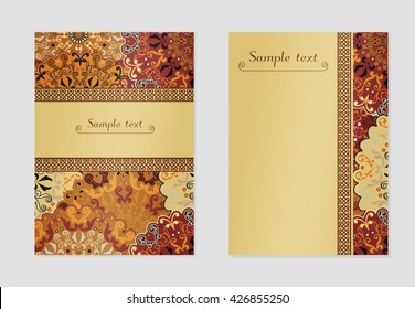 Vintage cards with Floral mandala pattern and ornaments. Vector Flyer oriental design Layout template. Islam, Arabic, Indian, Mexican ottoman motifs. 