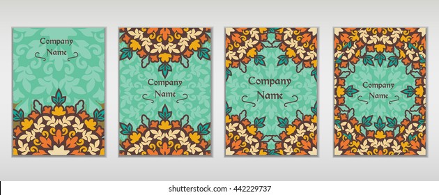 Vintage cards with Floral mandala pattern and ornaments. Vector Flyer oriental design Layout template. 