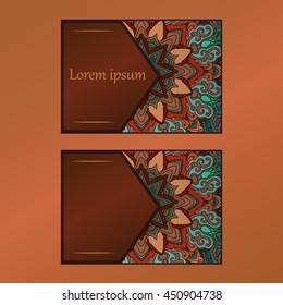 Vintage cards with Floral mandala pattern and ornaments. Vector Flyer oriental design. Front and back page. Easy to use and edit.
