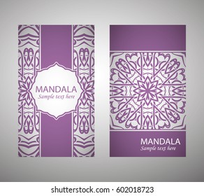 Vintage cards with floral mandala pattern and ornaments. Vector Flyer oriental design Layout template. Islam, Arabic, Indian, Mexican ottoman motifs in lavendar.