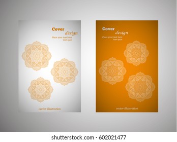Vintage cards with floral mandala pattern and ornaments. Vector Flyer oriental design Layout template. Islam, Arabic, Indian, Mexican ottoman motifs in orange.