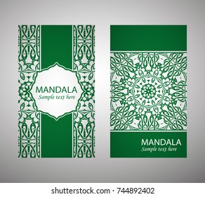 Vintage cards with Floral mandala pattern and ornaments. Vector Flyer oriental design Layout template. Islam, Arabic, Indian, Mexican ottoman motifs.