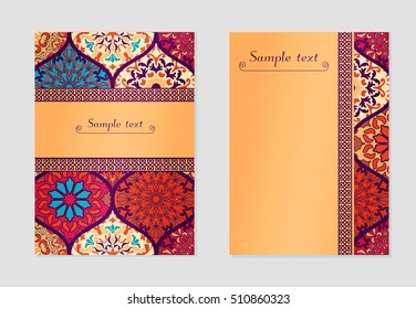 Vintage cards with mandala pattern and ornaments. Vector Flyer oriental design Layout template. Islam, Arabic, Indian, Mexican ottoman motifs.