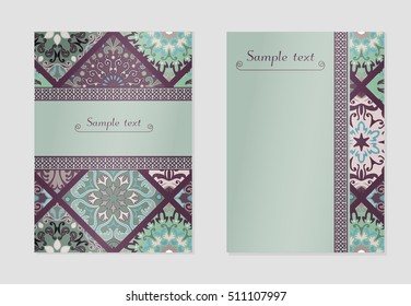 Vintage cards with mandala pattern and ornaments. Vector Flyer oriental design Layout template. Islam, Arabic, Indian, Mexican ottoman motifs.