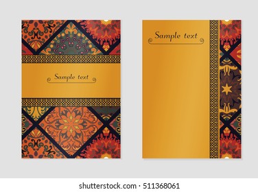 Vintage cards with mandala pattern and ornaments. Vector Flyer oriental design Layout template. Islam, Arabic, Indian, Mexican ottoman motifs.