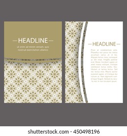Vintage cards with oriental geometric pattern and ornaments. Vector flyer oriental design layout template, size A5. Front and back page.