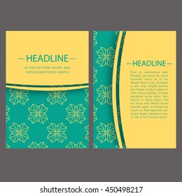 Vintage cards with oriental geometric pattern and ornaments. Vector flyer oriental design layout template, size A5. Front and back page.