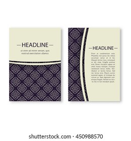 Vintage cards with oriental geometric pattern and ornaments. Vector flyer oriental design layout template, size A5. Front and back page.