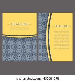 Vintage cards with oriental geometric pattern and ornaments. Vector flyer oriental design layout template, size A5. Front and back page.