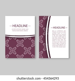 Vintage cards with oriental geometric pattern and ornaments. Vector flyer oriental design layout template, size A5. Front and back page.