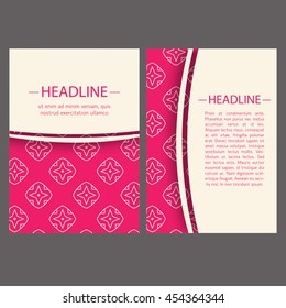 Vintage cards with oriental geometric pattern and ornaments. Vector flyer oriental design layout template, size A5. Front and back page.