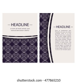 Vintage cards with oriental geometric pattern and ornaments. Vector flyer oriental design layout template, size A5. Front and back page.
