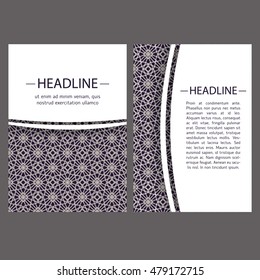Vintage cards with oriental geometric pattern and ornaments. Vector flyer oriental design layout template, size A5. Front and back page.