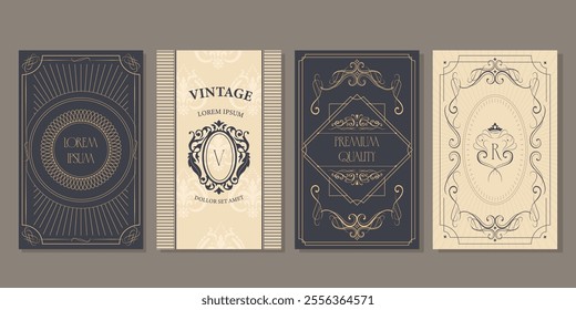 Vintage cards. Set of digital pictures, frames and labels, vintage style. Suitable for decoration of cosmetics, pharmacy products. Vector illustration. Aged paper effect. EPS 10