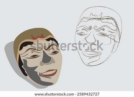Vintage carnical face mask, full color and dark line sketch