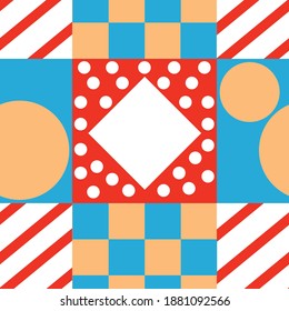 Vintage carnival background. Seamless vector pattern with bright rhombus and different geometric ornaments. Template for banners, posters, covers, cards, invitations, textile design.