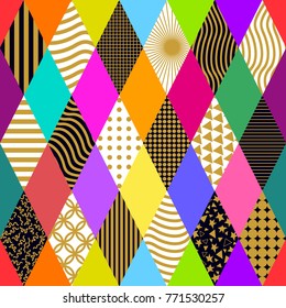 Vintage carnival background. Seamless vector pattern with bright rhombus and different geometric ornaments. Template for banners, posters, covers, cards, invitations, textile design.