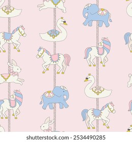 Vintage Carousel Animal Seamless Pattern: Pastel Carnival Creatures on Pink Background