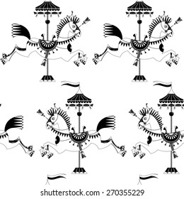 Vintage carousel horse. Black and white. Seamless background pattern. Vector illustration