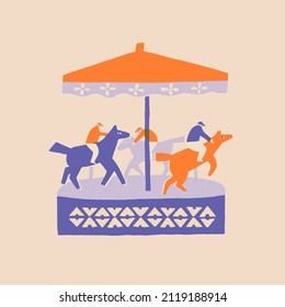 Vintage carousel with horses and jockeys illustration in vector. Cute and funny amusement park collection.