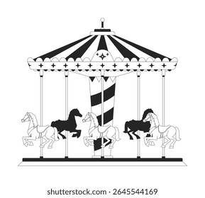 Vintage carousel with spinning horses 2D line object. Striped canopy nostalgic merry go-round. Classic fair entertainment ride isolated clipart vector ink outline item. Monochrome spot illustration