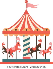 Vintage carousel vector illustration. Retro merry-go-round amusement park ride with horses isolated on white background